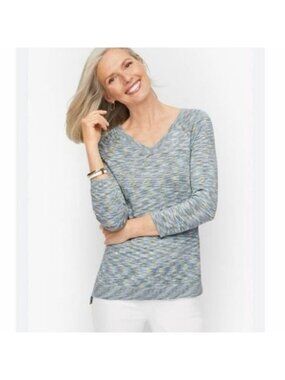 Talbots Space Dye Blue Green Raglan V-Neck Sweater Top Medium